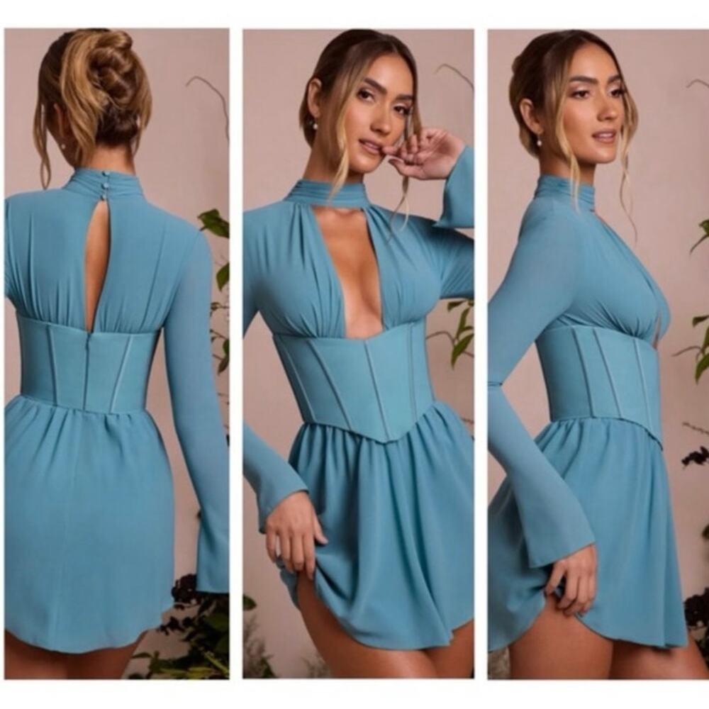 Oh Polly NEW Joelene Long Sleeve Plunge Neck Mini Dress in Teal Size 6